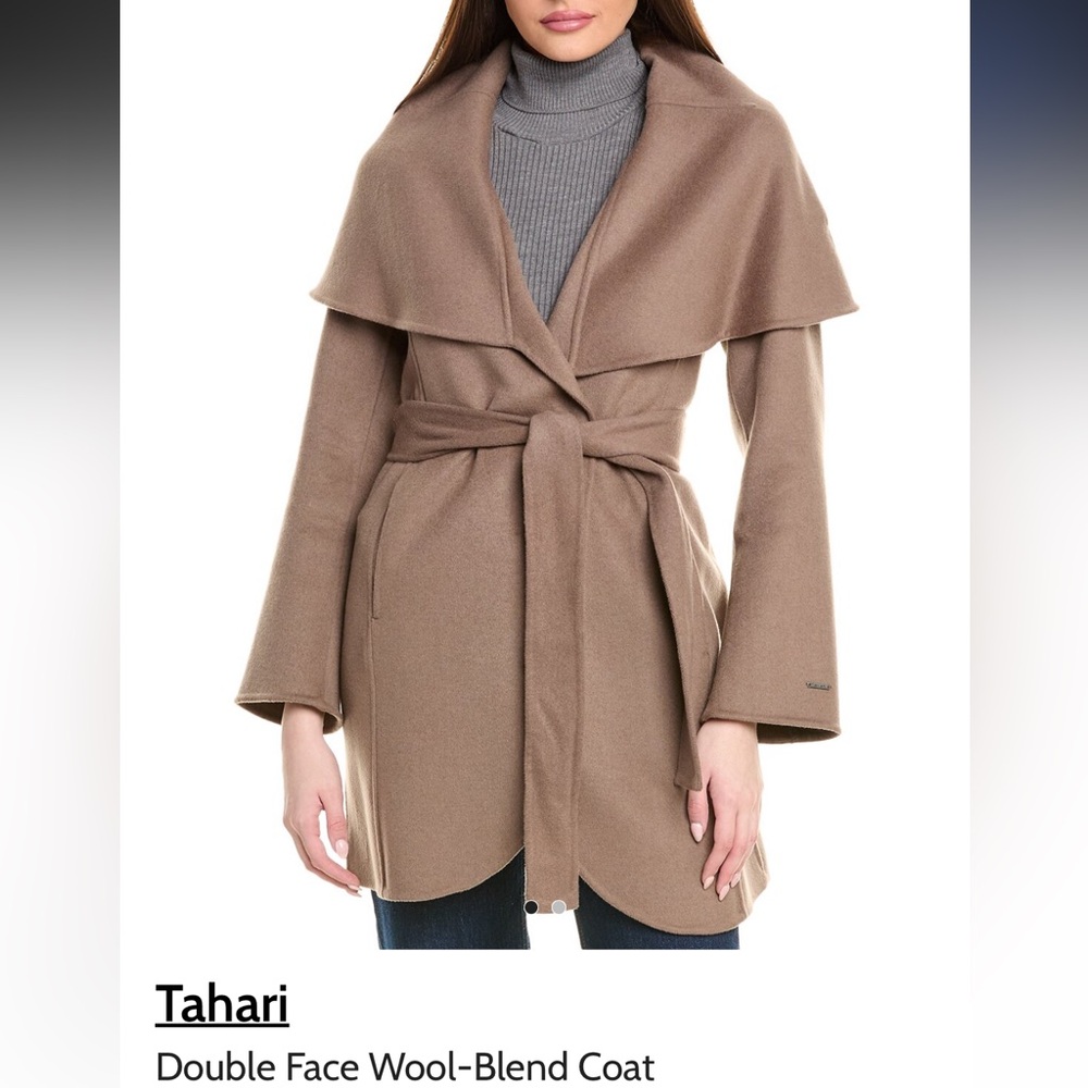 T- Tahari Taupe Satin lined, Wool blend, belted coat with hood. size larger